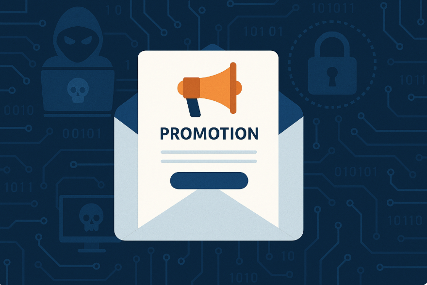 Email promotion image being surrounded by cybersecurity threats